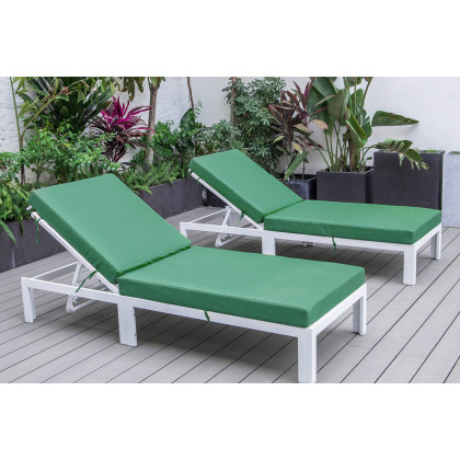 LeisureMod Chelsea Modern Outdoor White Chaise Lounge Chair with Cushions (Set Of 2) - Green