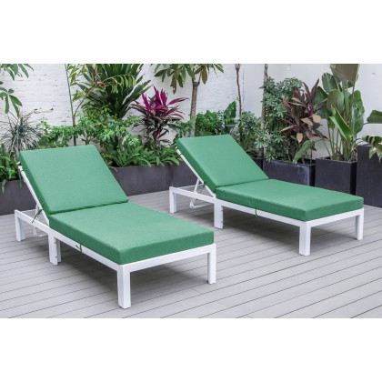 LeisureMod Chelsea Modern Outdoor White Chaise Lounge Chair with Cushions (Set Of 2) - Green