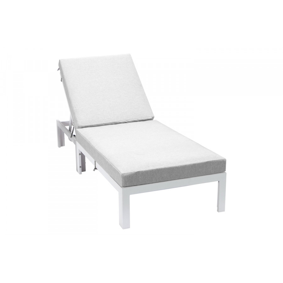 LeisureMod Chelsea Modern Outdoor White Chaise Lounge Chair with Cushions - Light Gray