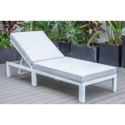 LeisureMod Chelsea Modern Outdoor White Chaise Lounge Chair with Cushions - Light Gray