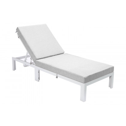 LeisureMod Chelsea Modern Outdoor White Chaise Lounge Chair with Cushions - Light Gray
