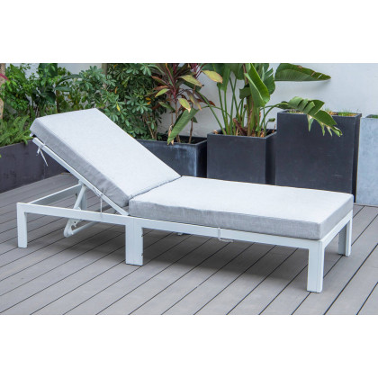 LeisureMod Chelsea Modern Outdoor White Chaise Lounge Chair with Cushions - Light Gray