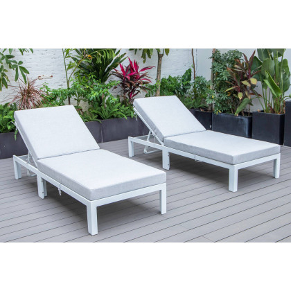 LeisureMod Chelsea Modern Outdoor White Chaise Lounge Chair with Cushions (Set Of 2) - Light Gray