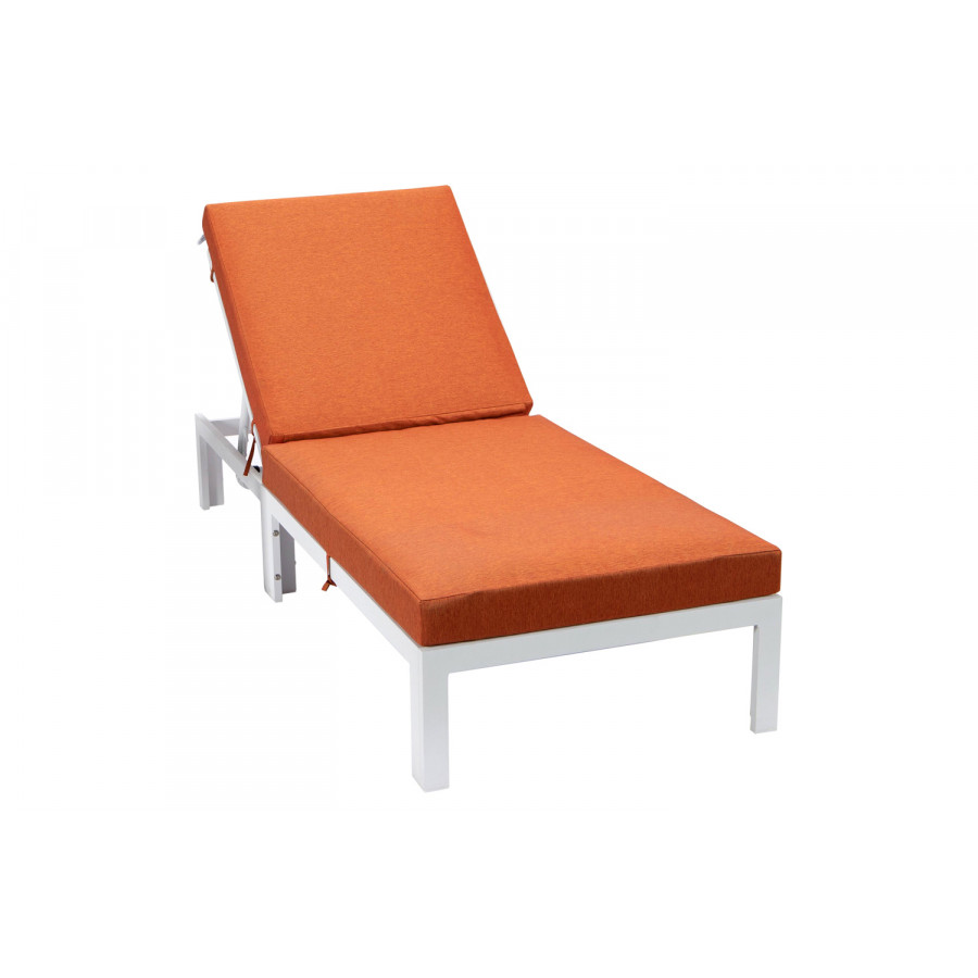 LeisureMod Chelsea Modern Outdoor White Chaise Lounge Chair with Cushions - Orange