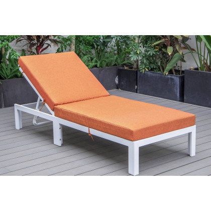 LeisureMod Chelsea Modern Outdoor White Chaise Lounge Chair with Cushions - Orange