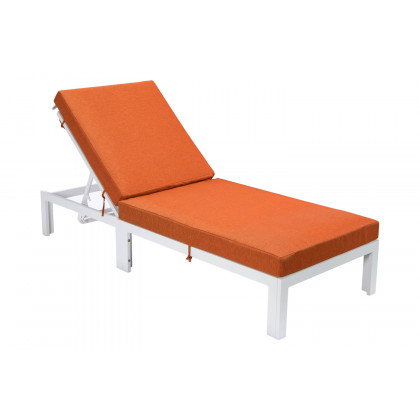 LeisureMod Chelsea Modern Outdoor White Chaise Lounge Chair with Cushions - Orange