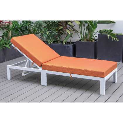 LeisureMod Chelsea Modern Outdoor White Chaise Lounge Chair with Cushions - Orange