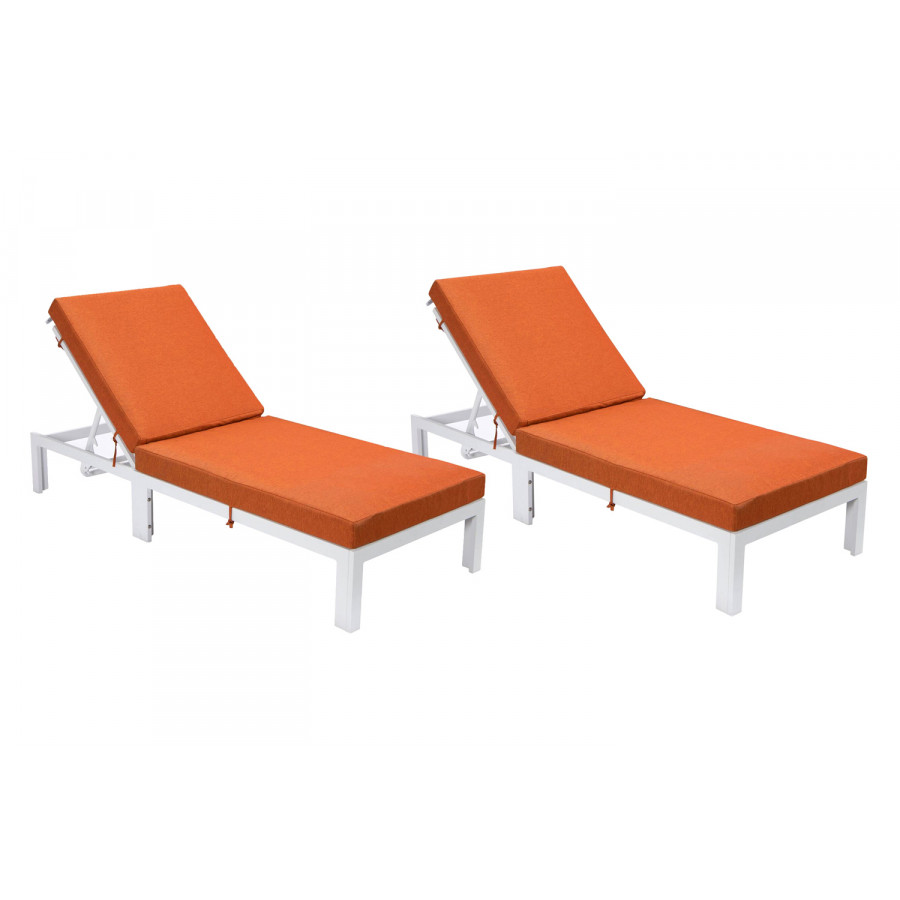 LeisureMod Chelsea Modern Outdoor White Chaise Lounge Chair with Cushions (Set Of 2) - Orange