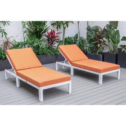 LeisureMod Chelsea Modern Outdoor White Chaise Lounge Chair with Cushions (Set Of 2) - Orange