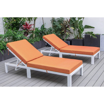 LeisureMod Chelsea Modern Outdoor White Chaise Lounge Chair with Cushions (Set Of 2) - Orange