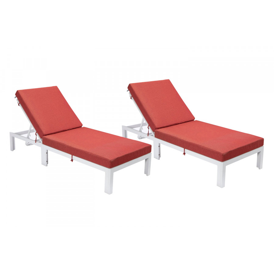 LeisureMod Chelsea Modern Outdoor White Chaise Lounge Chair with Cushions (Set Of 2) - Red
