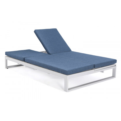 LeisureMod Chelsea Convertible Double Chaise Lounge Chair and Sofa with Cushions - Blue, White