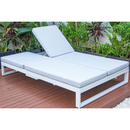 LeisureMod Chelsea Convertible Double Chaise Lounge Chair and Sofa with Cushions - Light Gray, White