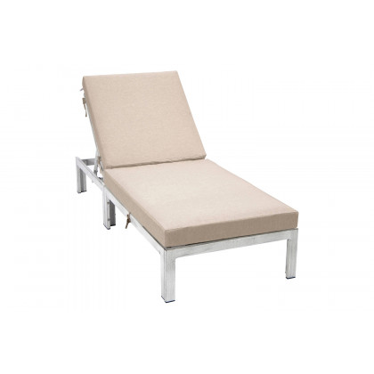 LeisureMod Chelsea Modern Outdoor Weathered Gray Chaise Lounge Chair with Cushions - Beige