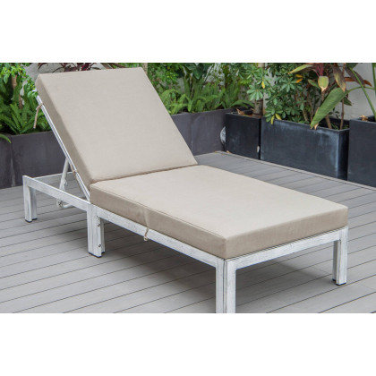 LeisureMod Chelsea Modern Outdoor Weathered Gray Chaise Lounge Chair with Cushions - Beige