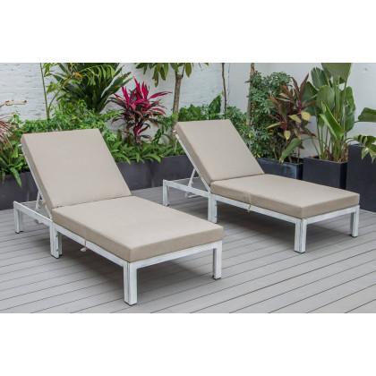 LeisureMod Chelsea Modern Outdoor Weathered Gray Chaise Lounge Chair with Cushions (Set Of 2) - Beige