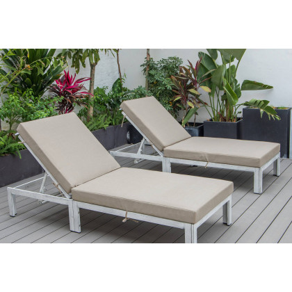 LeisureMod Chelsea Modern Outdoor Weathered Gray Chaise Lounge Chair with Cushions (Set Of 2) - Beige