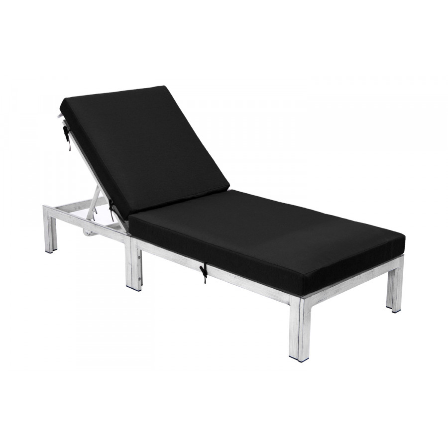 LeisureMod Chelsea Modern Outdoor Weathered Gray Chaise Lounge Chair with Cushions - Black