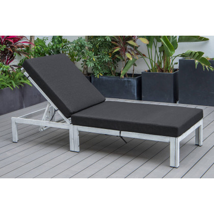 LeisureMod Chelsea Modern Outdoor Weathered Gray Chaise Lounge Chair with Cushions - Black