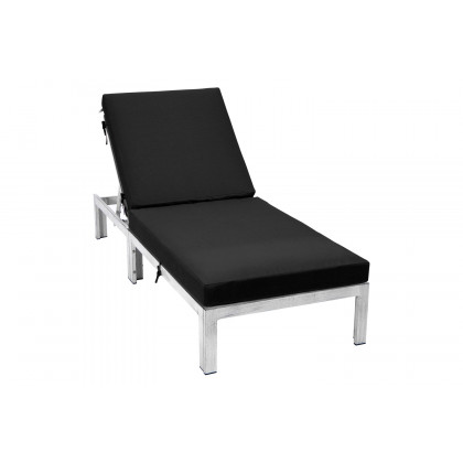 LeisureMod Chelsea Modern Outdoor Weathered Gray Chaise Lounge Chair with Cushions - Black