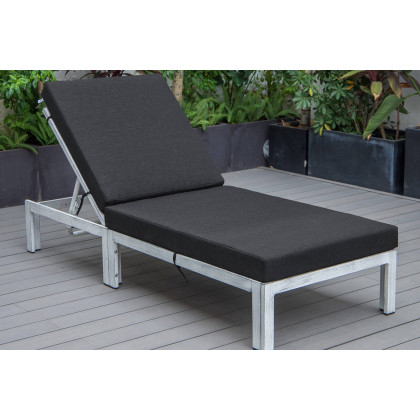 LeisureMod Chelsea Modern Outdoor Weathered Gray Chaise Lounge Chair with Cushions - Black