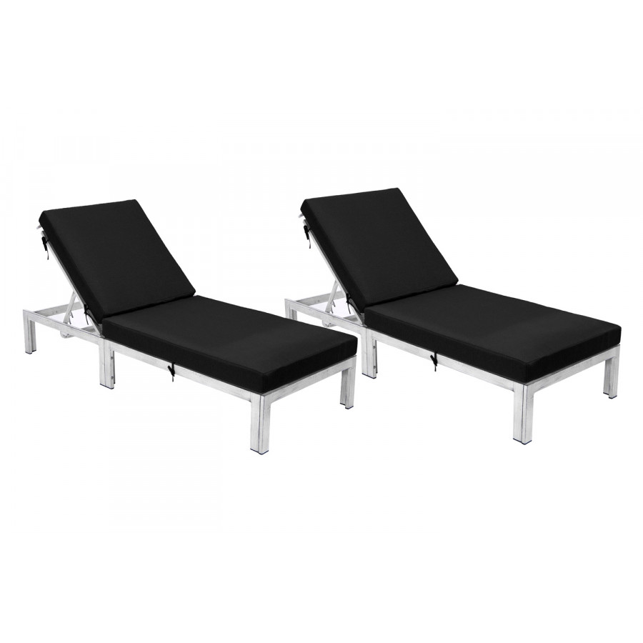 LeisureMod Chelsea Modern Outdoor Weathered Gray Chaise Lounge Chair with Cushions (Set Of 2) - Black