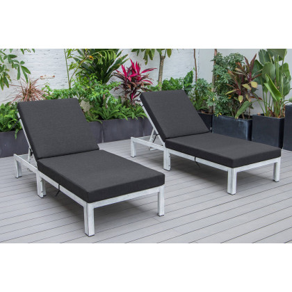 LeisureMod Chelsea Modern Outdoor Weathered Gray Chaise Lounge Chair with Cushions (Set Of 2) - Black