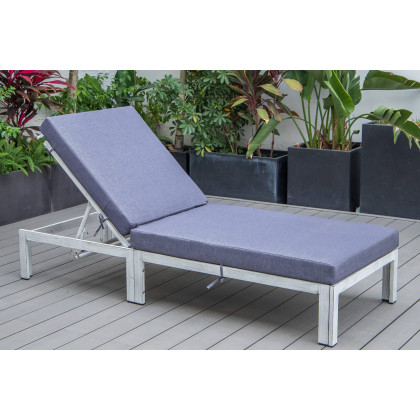 LeisureMod Chelsea Modern Outdoor Weathered Gray Chaise Lounge Chair with Cushions - Blue