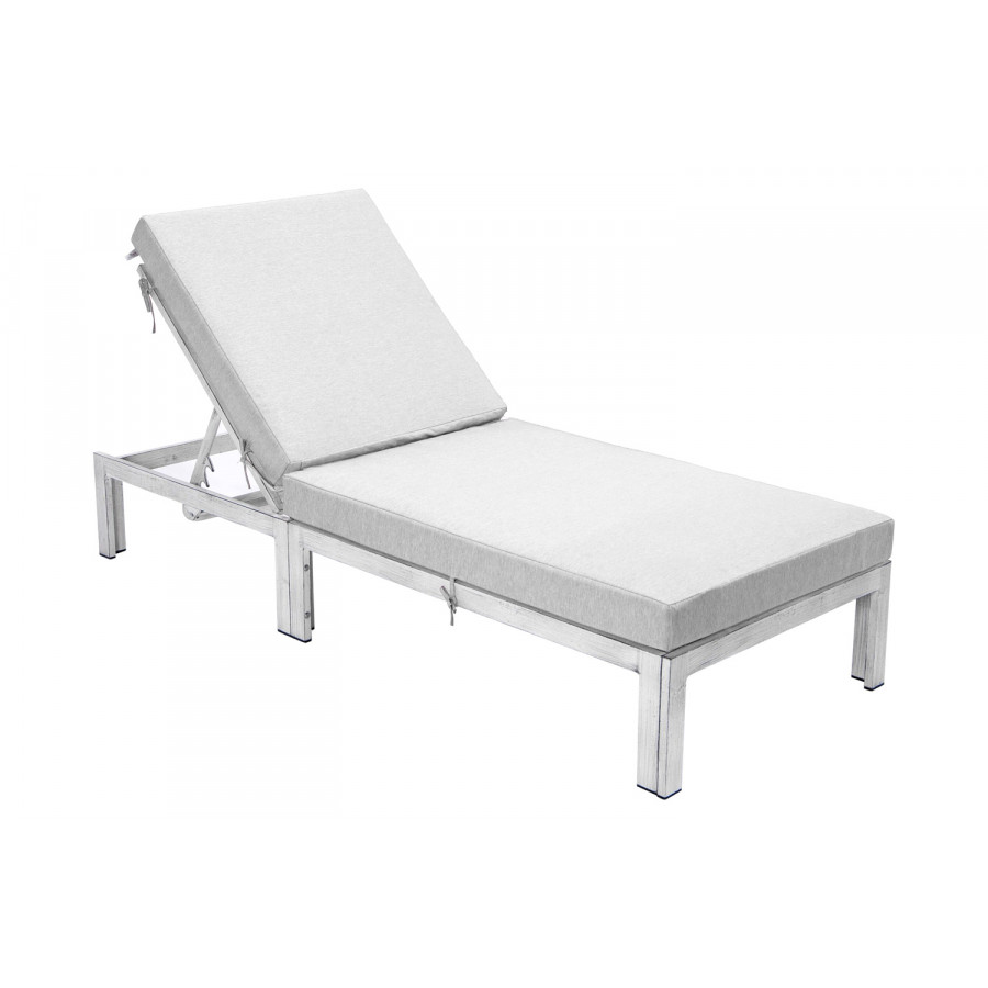 LeisureMod Chelsea Modern Outdoor Weathered Gray Chaise Lounge Chair with Cushions - Light Gray