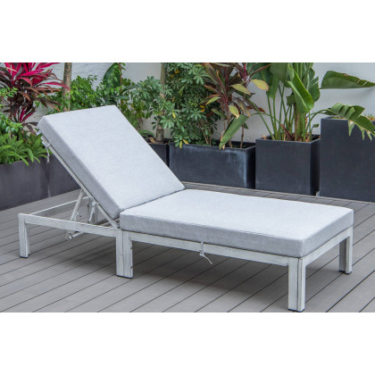 LeisureMod Chelsea Modern Outdoor Weathered Gray Chaise Lounge Chair with Cushions - Light Gray