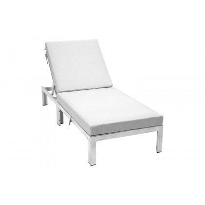 LeisureMod Chelsea Modern Outdoor Weathered Gray Chaise Lounge Chair with Cushions - Light Gray