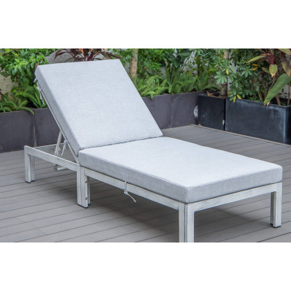 LeisureMod Chelsea Modern Outdoor Weathered Gray Chaise Lounge Chair with Cushions - Light Gray