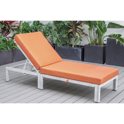 LeisureMod Chelsea Modern Outdoor Weathered Gray Chaise Lounge Chair with Cushions - Orange