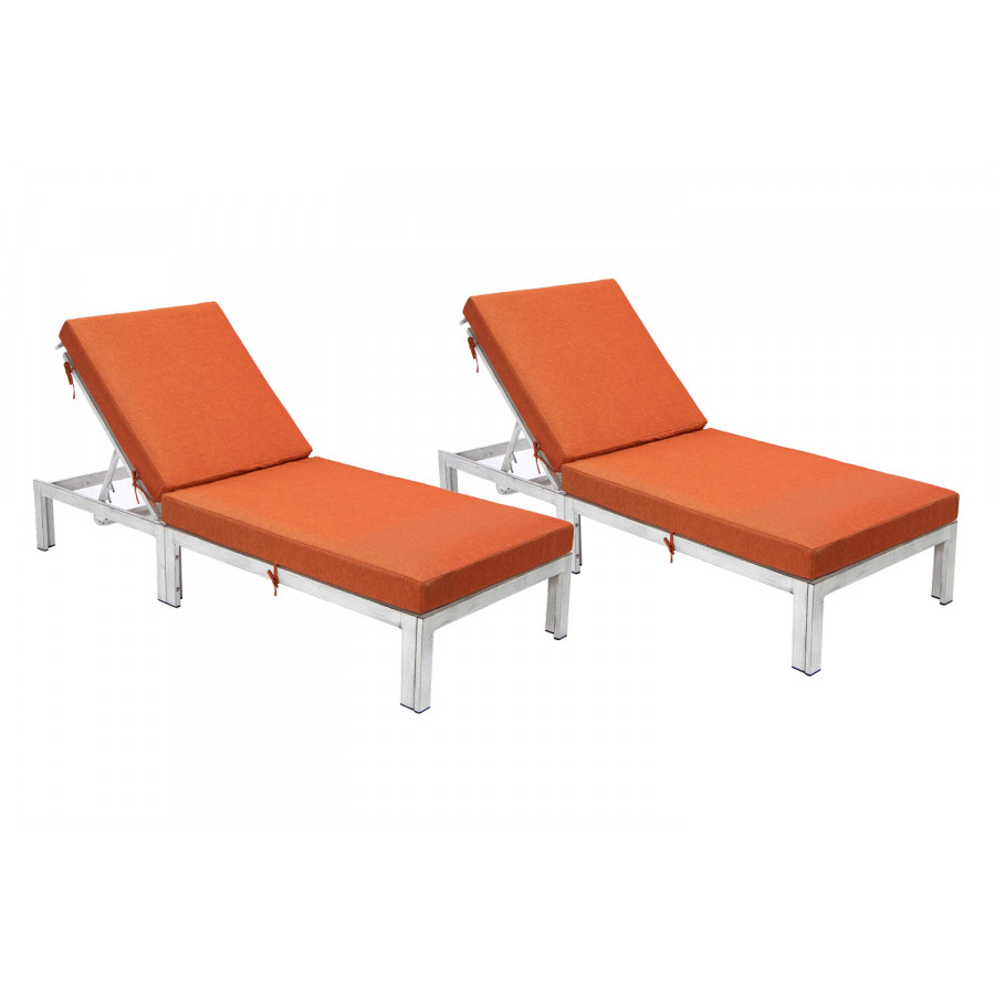 LeisureMod Chelsea Modern Outdoor Weathered Gray Chaise Lounge Chair with Cushions (Set Of 2) - Orange