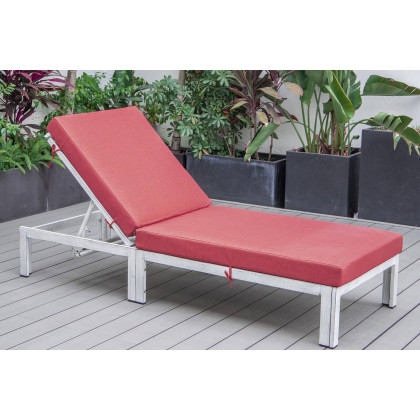 LeisureMod Chelsea Modern Outdoor Weathered Gray Chaise Lounge Chair with Cushions - Red