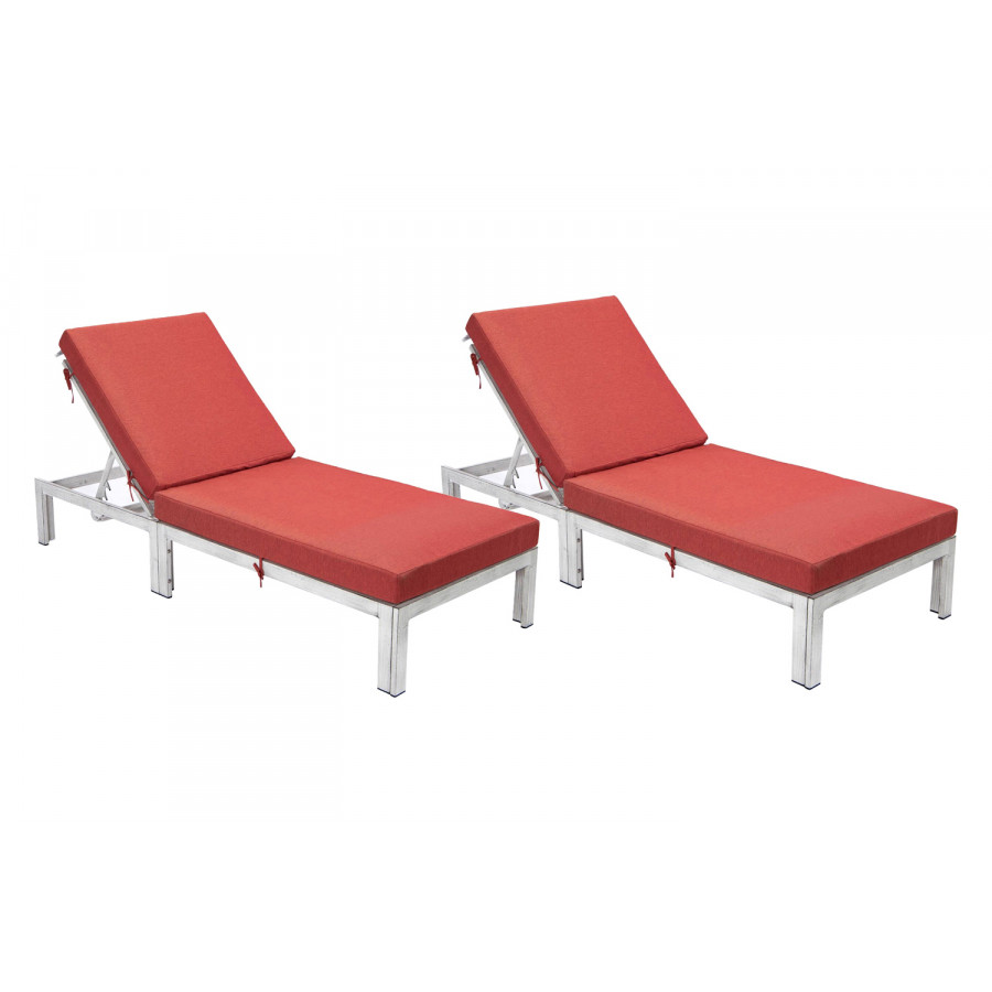 LeisureMod Chelsea Modern Outdoor Weathered Gray Chaise Lounge Chair with Cushions (Set Of 2) - Red