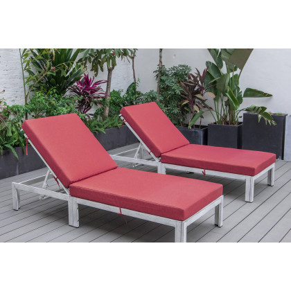 LeisureMod Chelsea Modern Outdoor Weathered Gray Chaise Lounge Chair with Cushions (Set Of 2) - Red