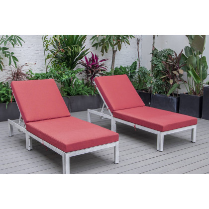 LeisureMod Chelsea Modern Outdoor Weathered Gray Chaise Lounge Chair with Cushions (Set Of 2) - Red