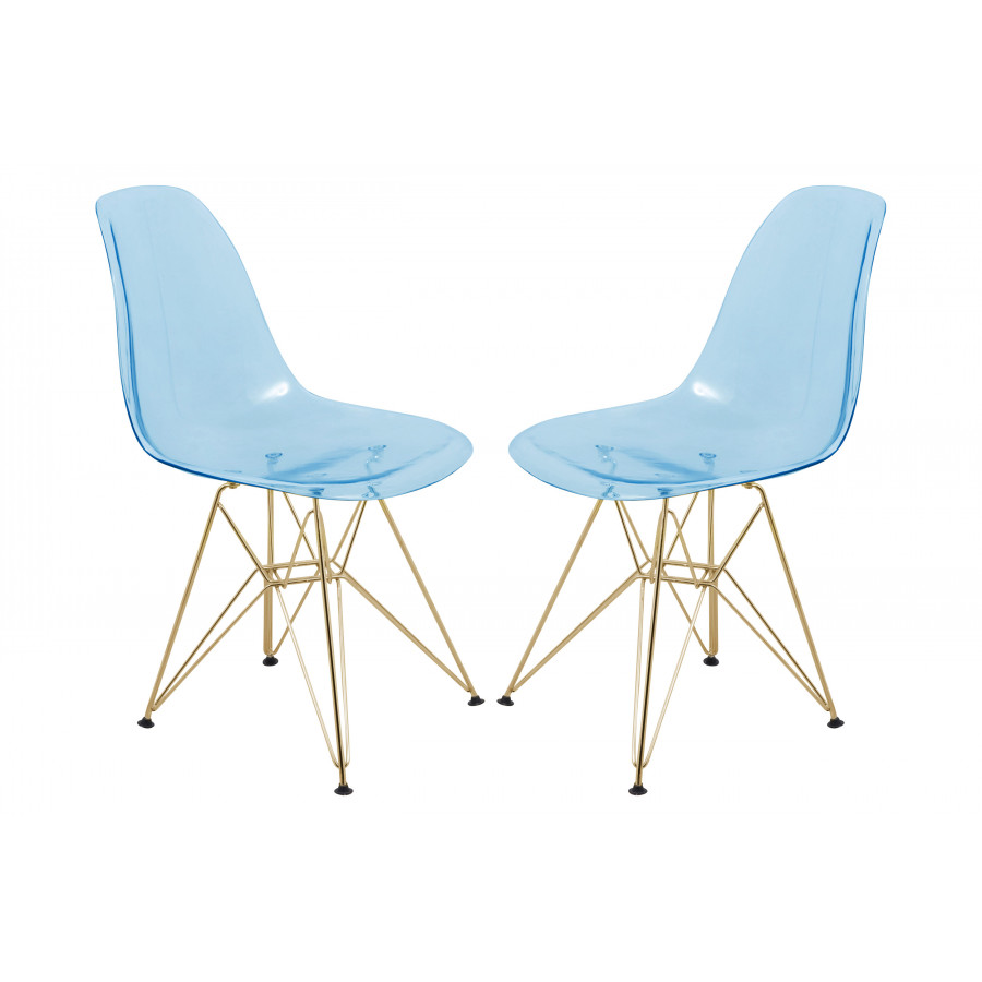 LeisureMod Cresco Molded Eiffel Side Chair With Gold Base (Set Of 2) - Transparent Blue