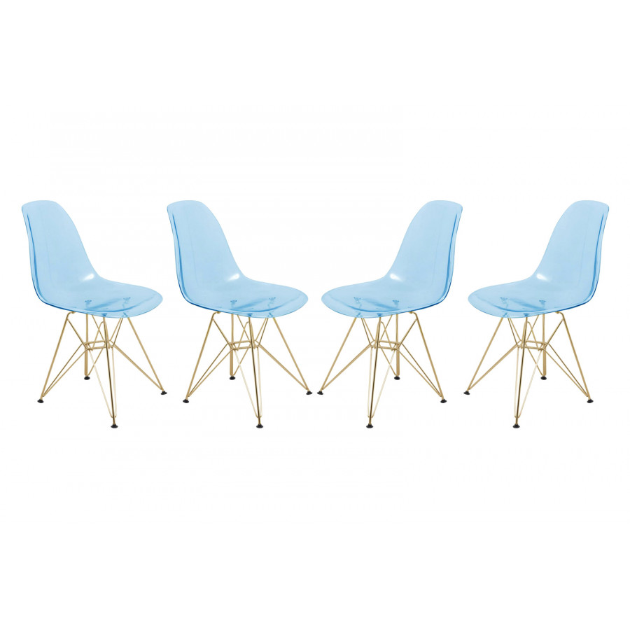 LeisureMod Cresco Molded Eiffel Side Chair With Gold Base (Set Of 4) - Transparent Blue