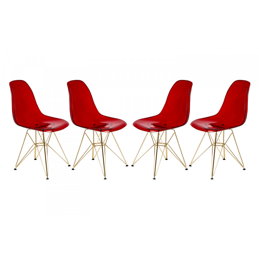 LeisureMod Cresco Modern Molded Eiffel Side Dining Chair with Gold Base (Set Of 4) - Transparent/Red