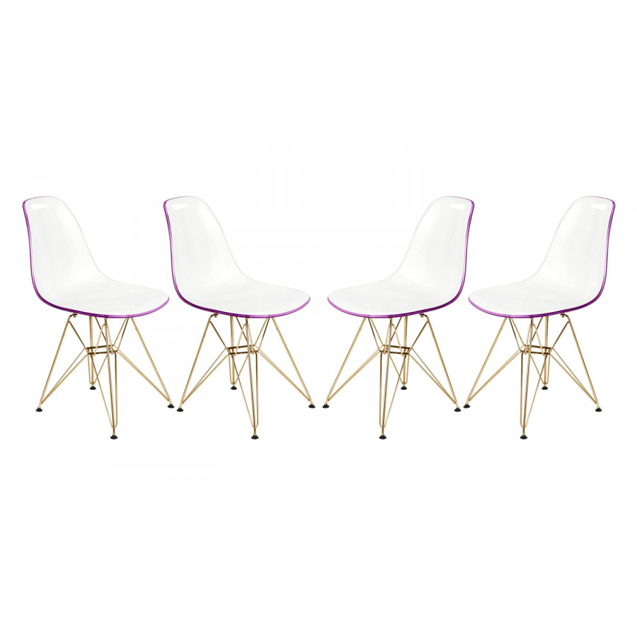 LeisureMod Cresco Modern Molded Eiffel Side Dining Chair with Gold Base (Set Of 4) - White/Purple