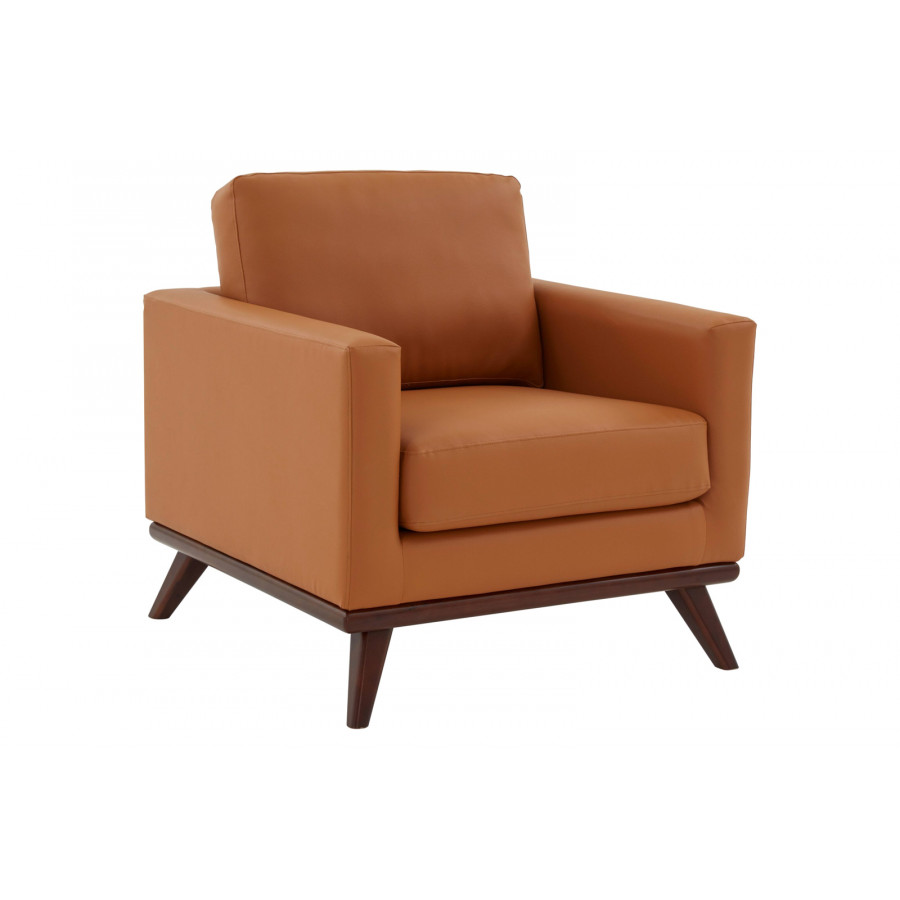 LeisureMod Chester Modern Leather Accent Arm Chair With Birch Wood Base - Cognac Tan