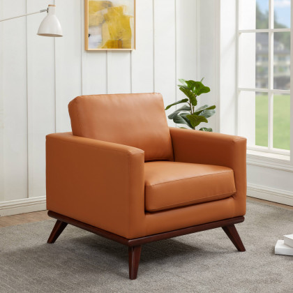 LeisureMod Chester Modern Leather Accent Arm Chair With Birch Wood Base - Cognac Tan