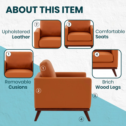 LeisureMod Chester Modern Leather Accent Arm Chair With Birch Wood Base - Cognac Tan