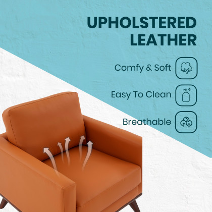 LeisureMod Chester Modern Leather Accent Arm Chair With Birch Wood Base - Cognac Tan