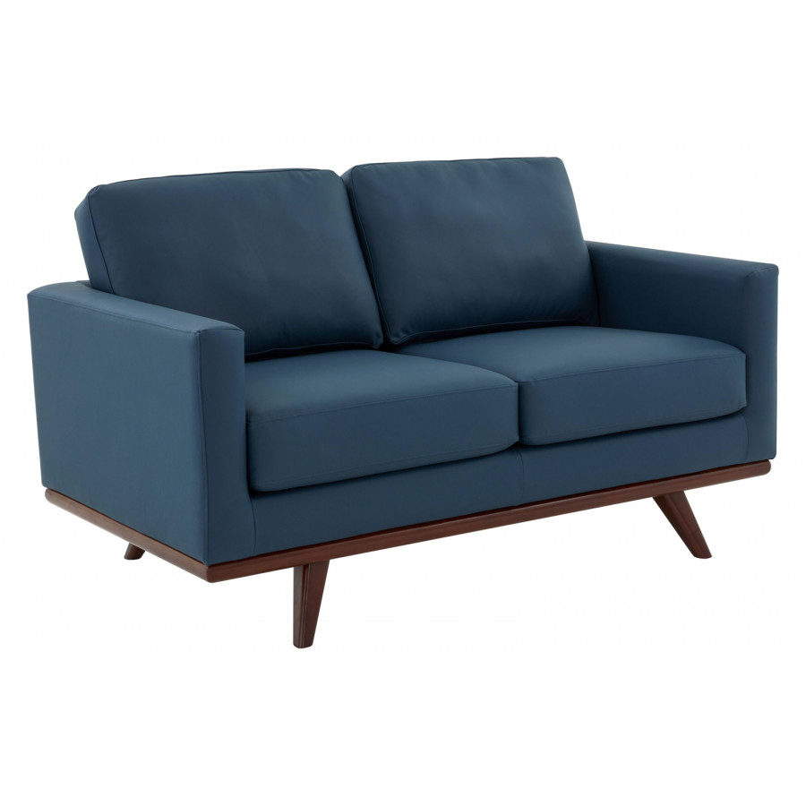 LeisureMod Chester Modern Leather Loveseat With Birch Wood Base - Navy Blue