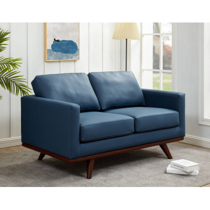 LeisureMod Chester Modern Leather Loveseat With Birch Wood Base - Navy Blue
