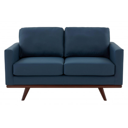 LeisureMod Chester Modern Leather Loveseat With Birch Wood Base - Navy Blue