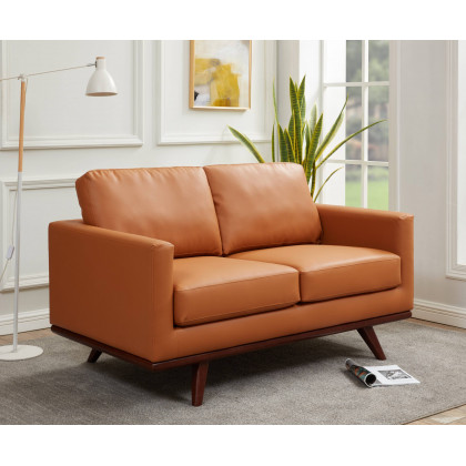 LeisureMod Chester Modern Leather Loveseat With Birch Wood Base - Cognac Tan